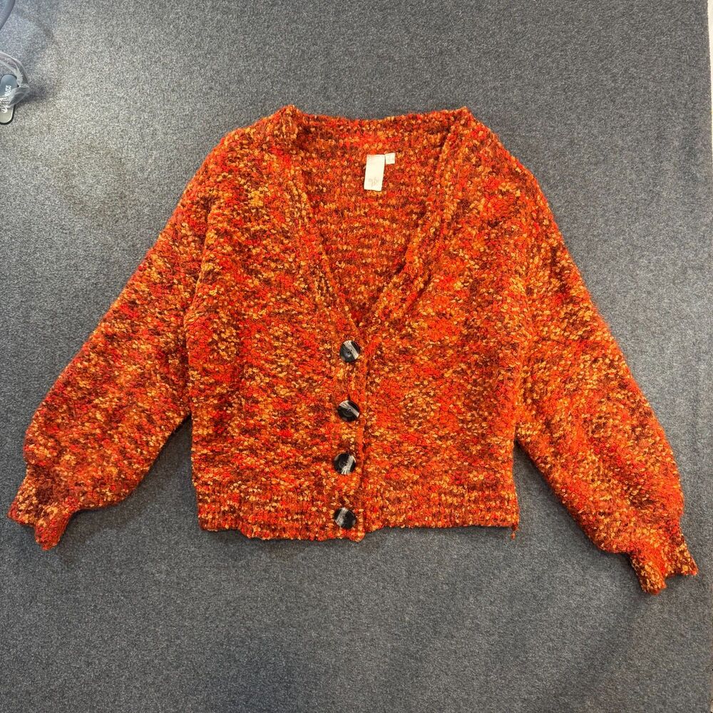 Ady P Orange Multi Color LARGE Chunky Ribbed V-Neck Button Cardigan Sweater
